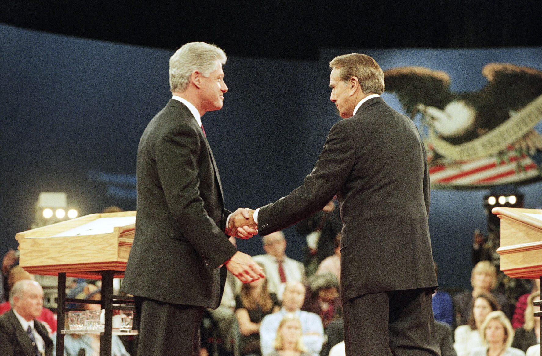 1996: Debates Bob Dole in presidential reelection contest